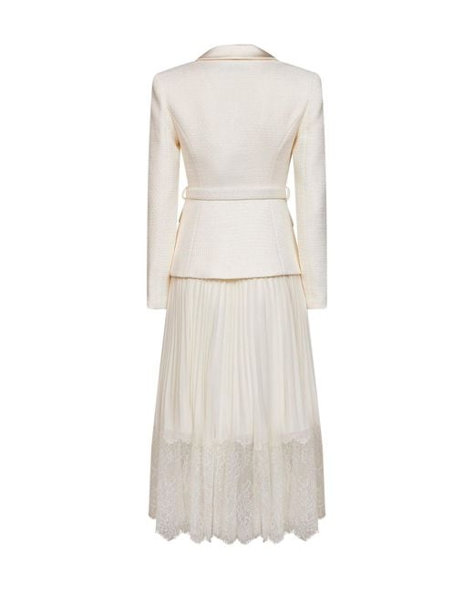 Self-Portrait White Self Portrait Cream Georgette And Bouclé Belted Midi Dress