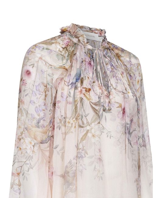 Zimmermann White Aviary-Print Cream Viscose Billow Rebellion Blouse