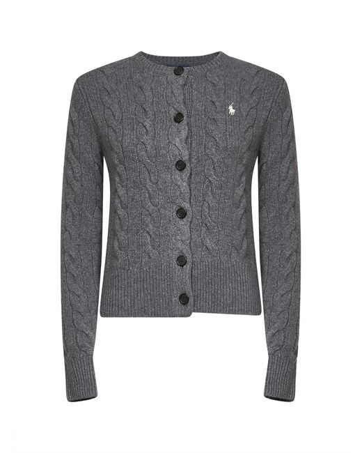 Polo Ralph Lauren Gray Flannel Heather Wool And Cashmere Cable Knit Cardigan