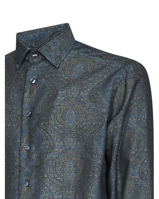 Etro Blue Ornamental-Pattern Cotton Jacquard Shirt for men