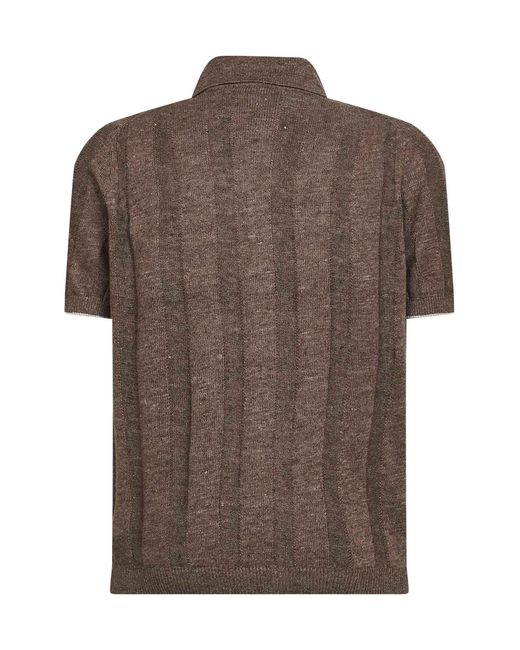 Brunello Cucinelli Brown Hazelnut Textured Rib Linen And Cotton Knit Shirt for men