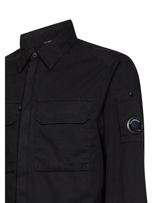 C P Company Black Organic Cotton Gabardine Lens Overshirt for men