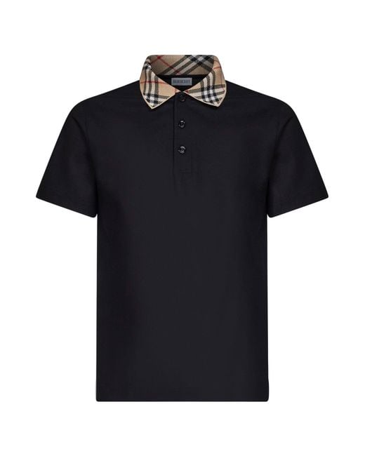 Burberry Black Cotton Pique Polo Shirt With Check Collar for men