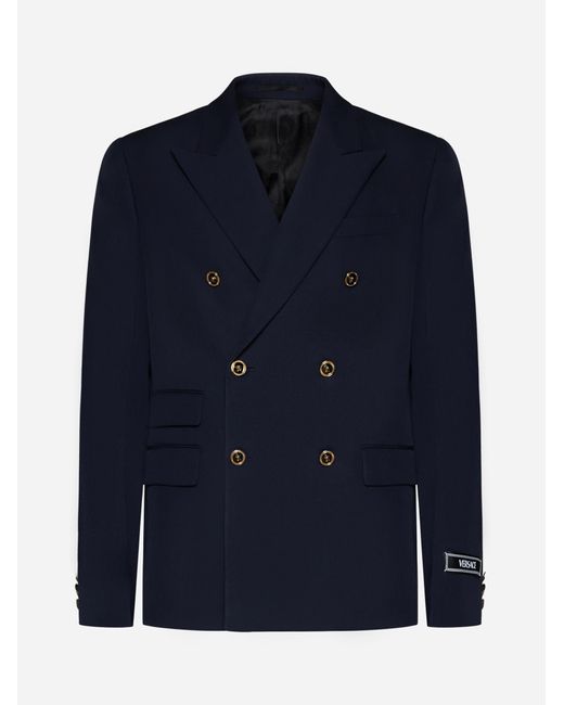 Versace Blue Wool Double-breasted Blazer for men