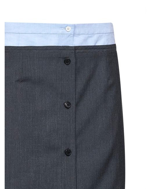 Prada Abbigliamento Blue Slate Wool And Mohair Midi Skirt With Shirt-Style Insert
