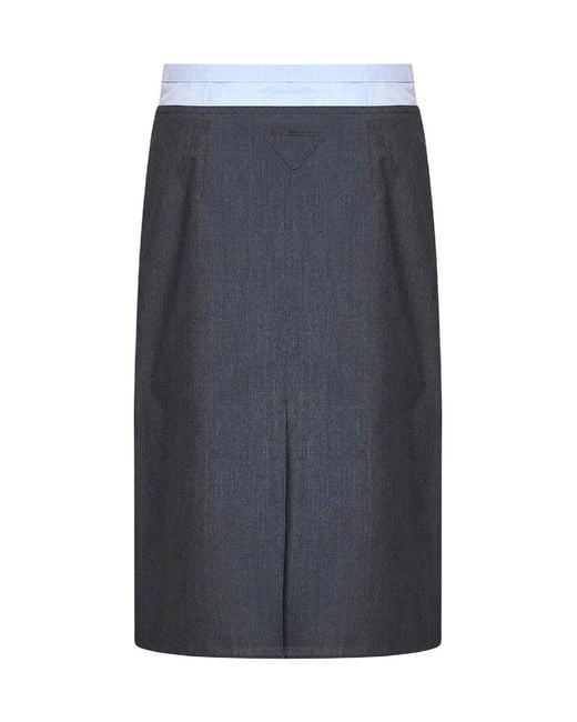 Prada Abbigliamento Blue Slate Wool And Mohair Midi Skirt With Shirt-Style Insert