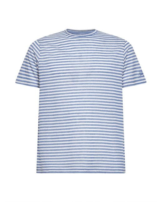 Mc2 Saint Barth Blue Light And Cream Striped Linen Blend Logo Embroidered Dover T-Shirt for men
