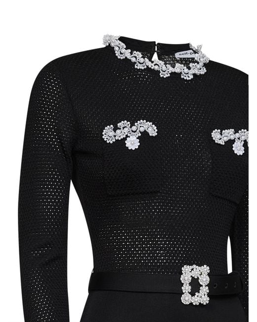 Self-Portrait Black Knit Midi Dress With Beaded Embroidery
