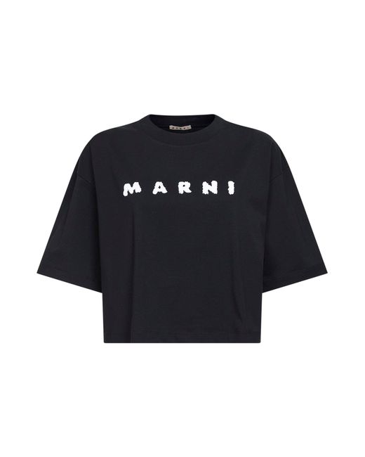 Marni Blue Jersey Scribbled Logo Cropped T-Shirt