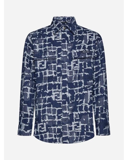 Fendi Blue Ff Jacquard Denim Shirt for men
