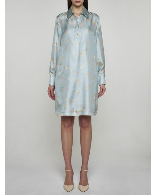 Max Mara Studio Blue Rufo Print Silk Shirt Dress