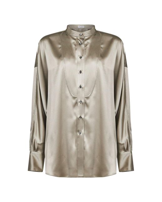 Brunello Cucinelli Gray Stretch Silk Satin Shirt With Monili