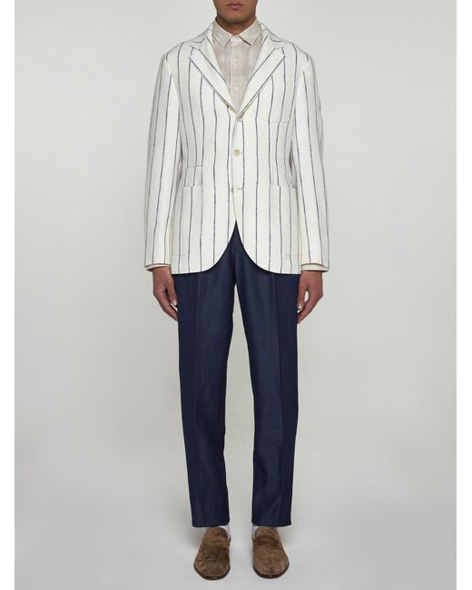 Brunello Cucinelli White Pinstriped Linen-blend Single-breasted Blazer for men