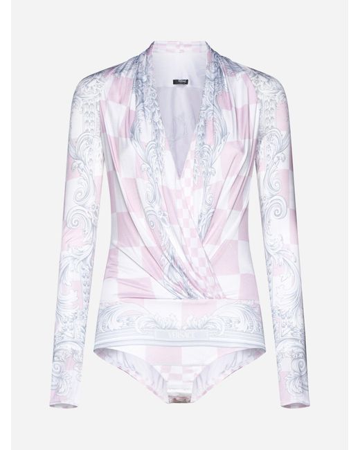 Versace White Barocco Damier Print Viscose Bodysuit
