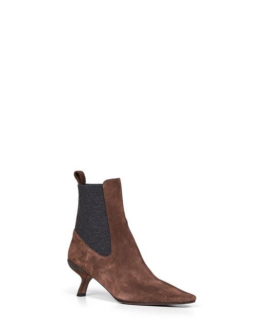 Brunello Cucinelli Brown Espresso Suede Heeled Ankle Boots With Precious Details