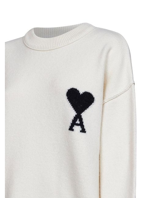 AMI White Ecru Felted Merino Wool Ami De Cœur Crewneck Sweater