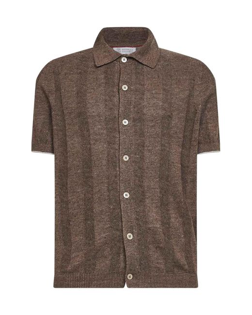 Brunello Cucinelli Brown Hazelnut Textured Rib Linen And Cotton Knit Shirt for men