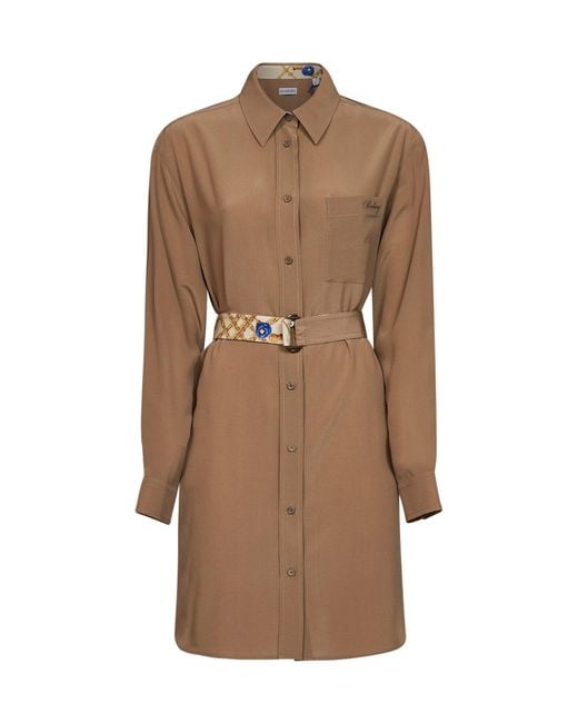 Burberry Brown Camel Silk Belted Shirt Dress