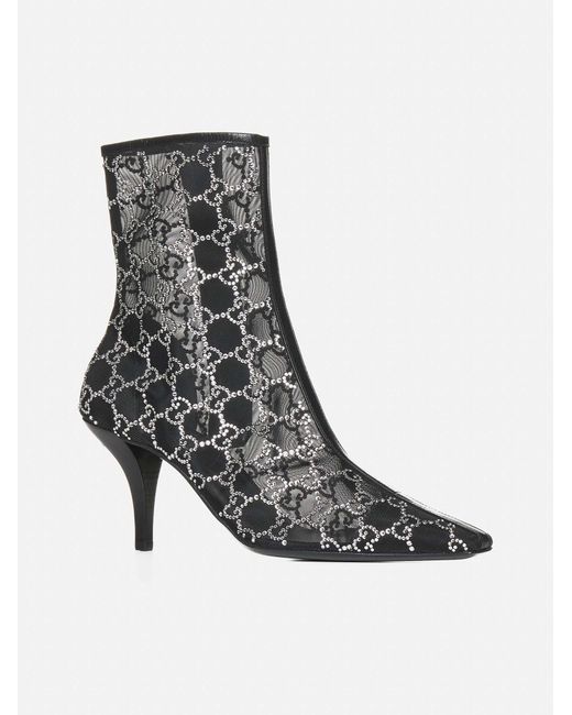 Gucci Black Tom Crystal-embellished Mesh Heeled Ankle Boots