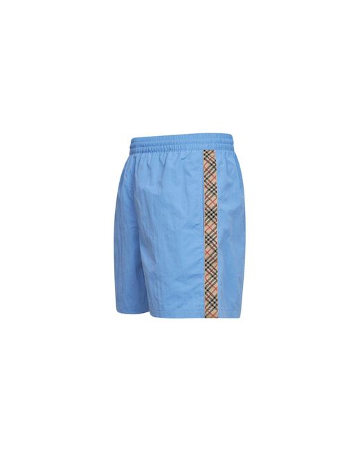Burberry Blue Cornflower Nylon Swim Shorts With Check Trims for men