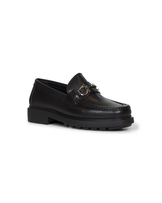 Ferragamo Black Leather Loafers With Gancini Ornament for men