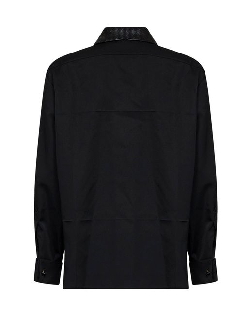 Bottega Veneta Black Wool Shirt With Intrecciato Leather Collar