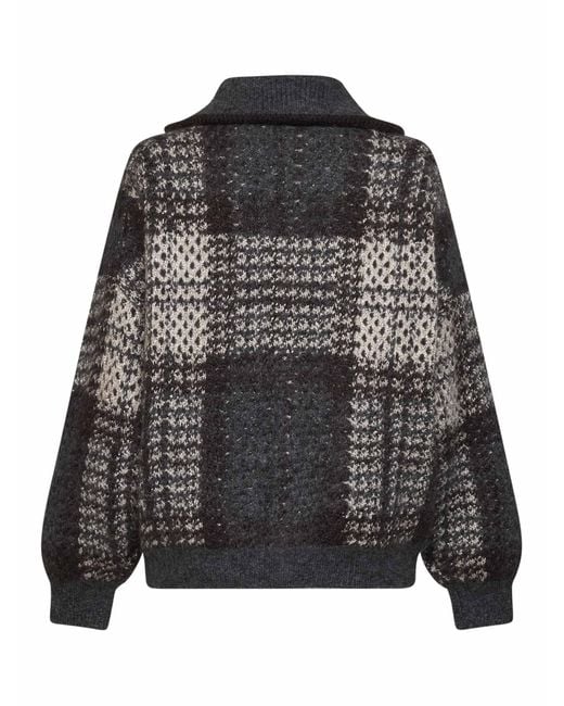 Brunello Cucinelli Black Anthracite Dazzling Tartan Double Knit Cardigan With Shiny Zipper Pull
