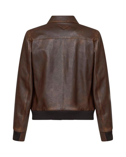 Prada Abbigliamento Brown Burnt Vintage Leather Blouson for men