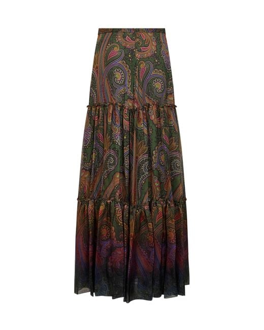 Etro Natural Paisley-Printed Silk Chiffon Tiered Maxi Skirt