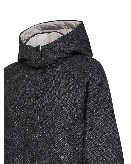 Brunello Cucinelli Black Donegal Hooded Down Jacket With Shiny Zipper Pull