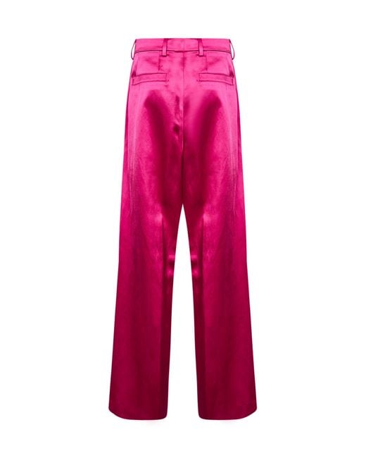 Dries Van Noten Red Fuchsia Satin Wide-Leg Trousers