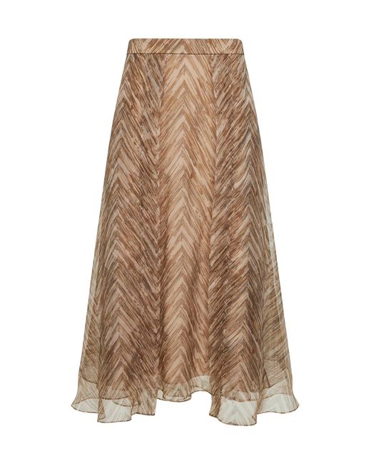 Brunello Cucinelli Natural Chevron Print Organza Paneled Circle Skirt