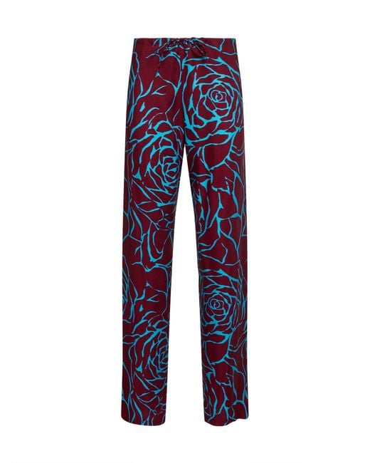 Dries Van Noten Blue Burgundy Printed Viscose Low-Rise Trousers