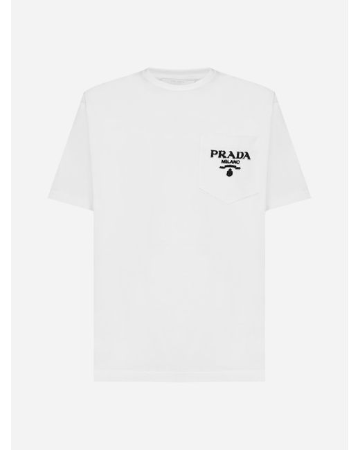 T-shirt in cotone con taschino e logo da Uomo di Prada in Bianco | Lyst