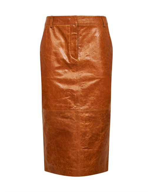 Co. Orange Gnac Leather Tailored Pencil Skirt
