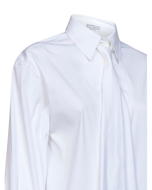Brunello Cucinelli White Stretch Poplin Shirt With Tie And Monili