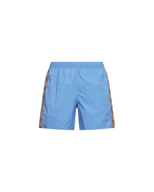 Burberry Blue Cornflower Nylon Swim Shorts With Check Trims for men