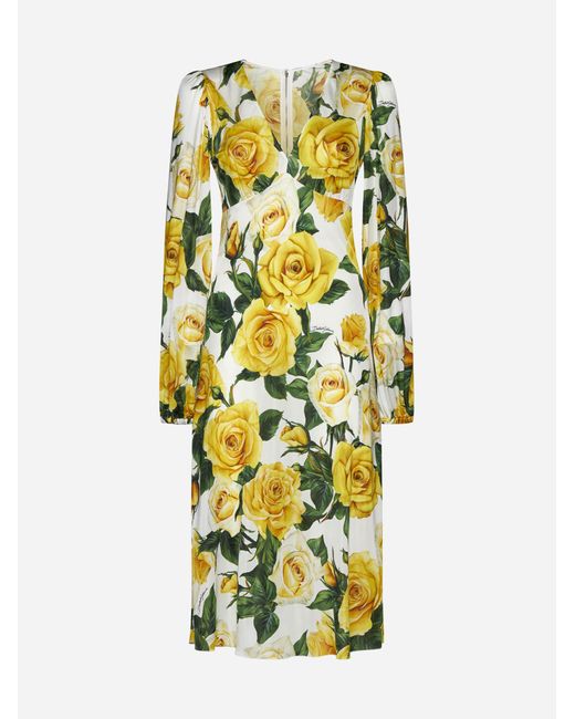 Dolce & Gabbana Yellow Print Silk Midi Dress