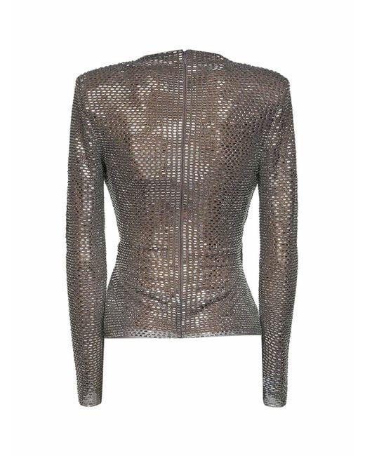 Self-Portrait Gray Rhinestone-Embellished Mesh Wrap Top