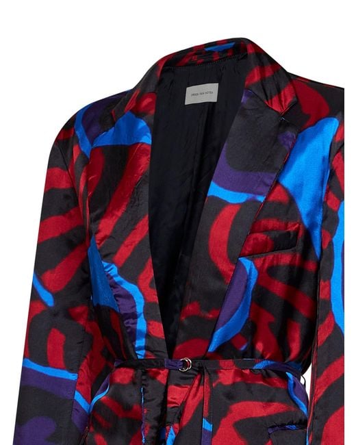 Dries Van Noten Blue Marbled Clay-Print Twill Blursy Belted Blazer
