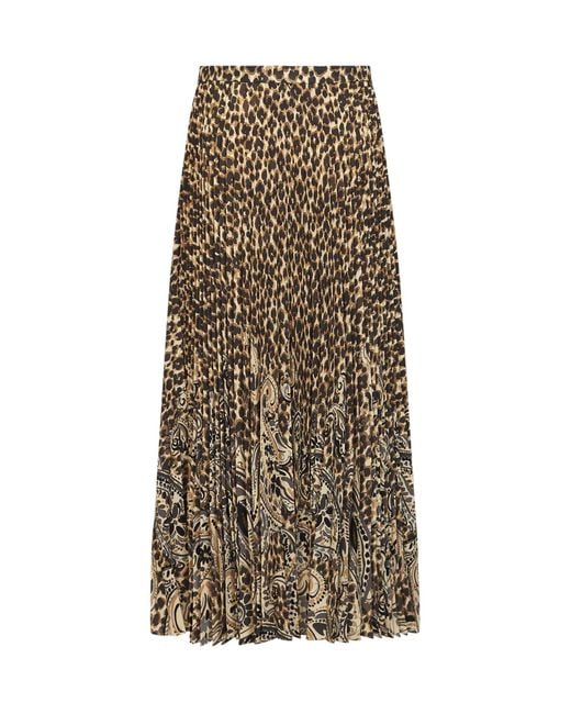 Etro Natural Printed Stretch Sablé Long Pleated Skirt