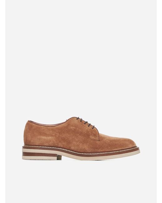 Brunello Cucinelli Brown Suede Derby Shoes for men