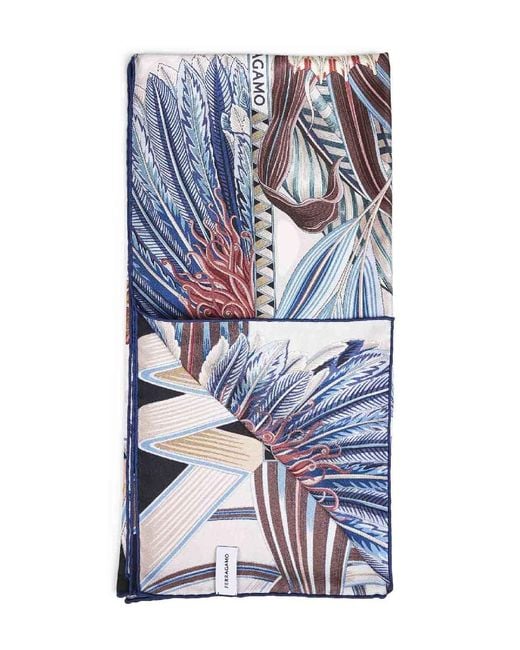 Ferragamo Blue Ivory And Fiori E Farfalle-Print Silk Scarf
