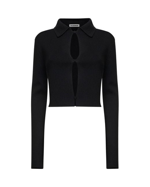 Jil Sander Black Merino Wool Cropped Cardigan With Cut-Outs