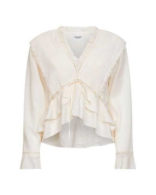 Isabel Marant White Ecru Cotton And Linen Frilly Gauze Damienne Blouse