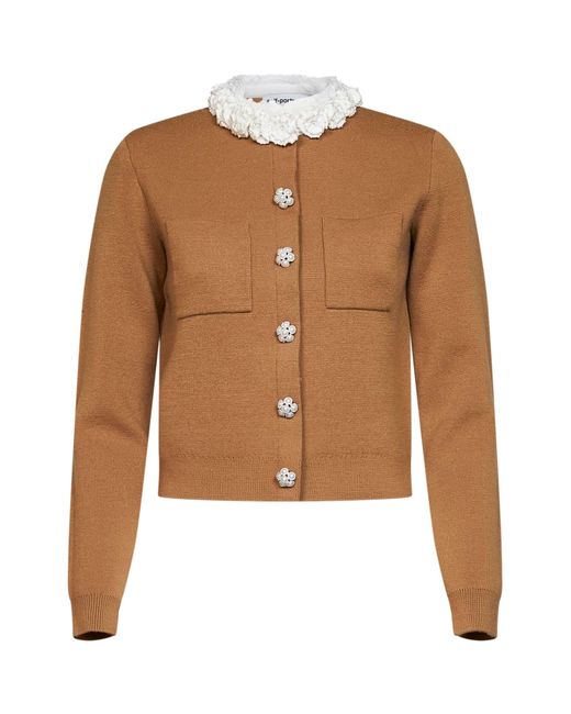 Self-Portrait Brown Wool-Blend Knit Embellished Cardigan