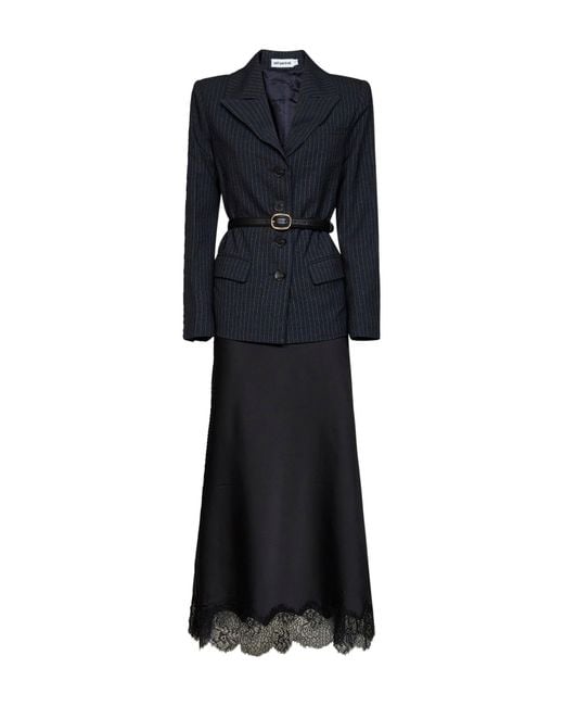 Self-Portrait Black Tailored Dress With Pinstriped Blazer And Satin Skirt