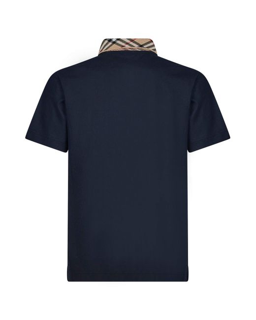 Burberry Blue Cotton Pique Polo Shirt With Check Collar for men