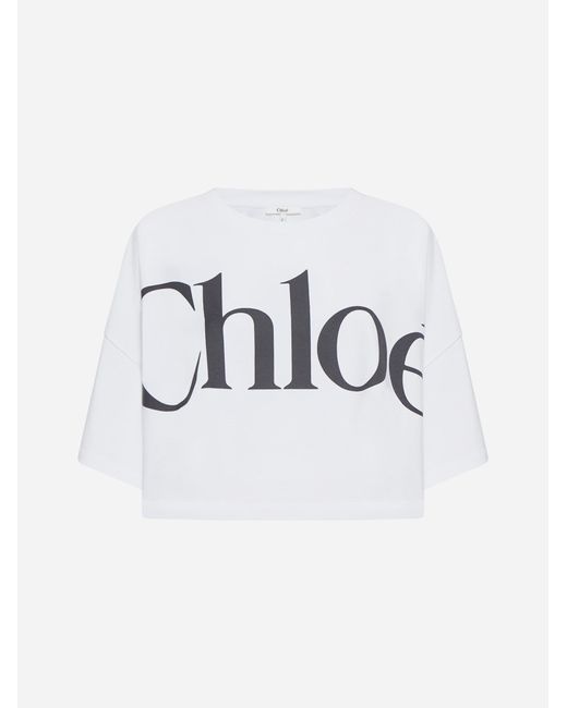 Chloé Logo Cotton Cropped T-shirt in White | Lyst UK