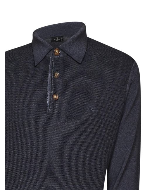Etro Blue Two-Tone Wool Knit Logo-Embroidered Polo Shirt for men